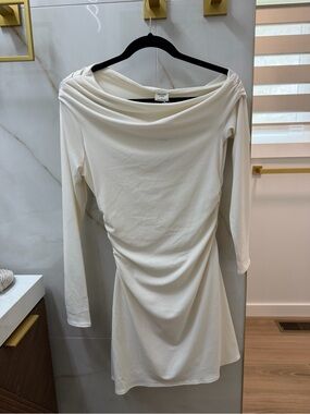 Abercrombie Cowl Neck Draped Off-Shoulder Long Sleeve Mini Dress in Cream
